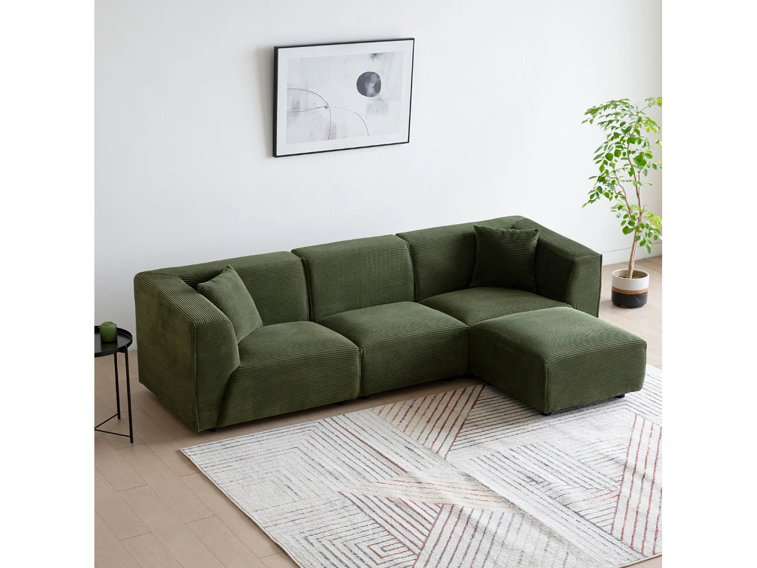 Canapé 3 places + 1 pouf en velours côtelé vert MONROE