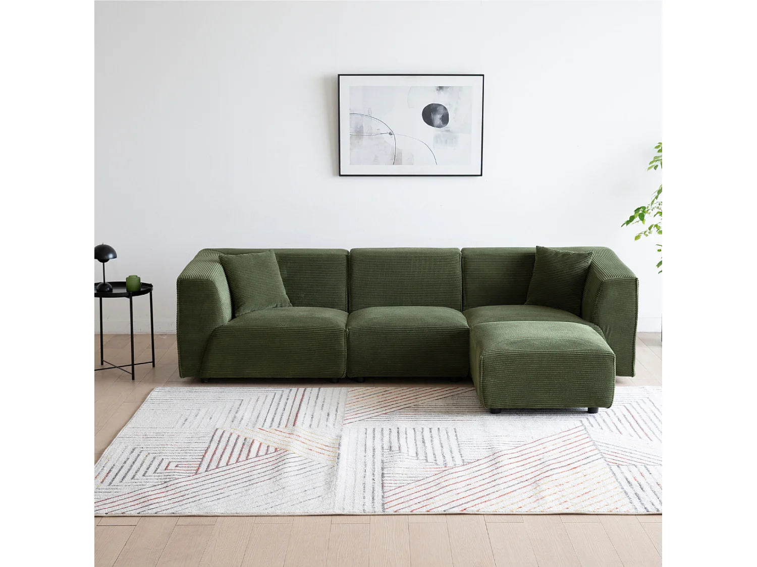 Canapé 3 places + 1 pouf en velours côtelé vert MONROE