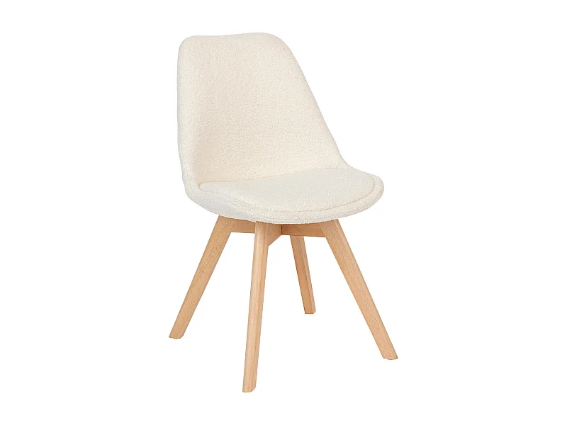 Chaise de table tissu Blanc à bouclettes et pieds en Bois