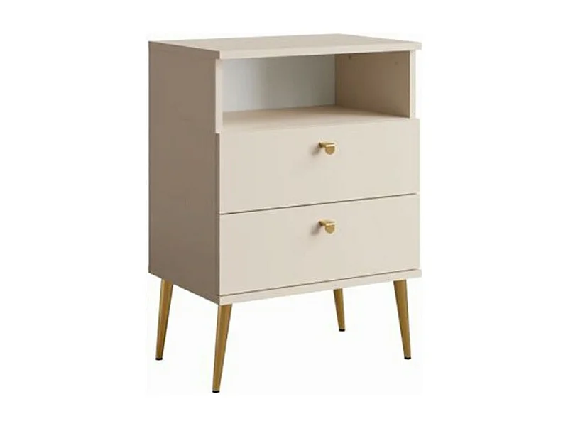 Comodino con 2 Cassetti e Vanetto - beige con piedi in metallo dorato - Collezione Aurora