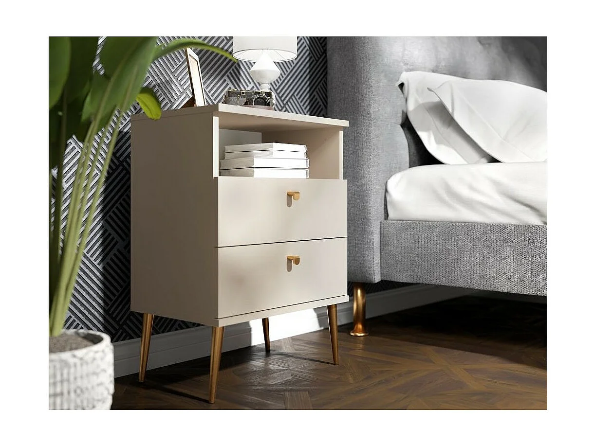 Table de Chevet 2 Tiroirs avec Niche - beige et pieds en métal doré - Collection Aurora