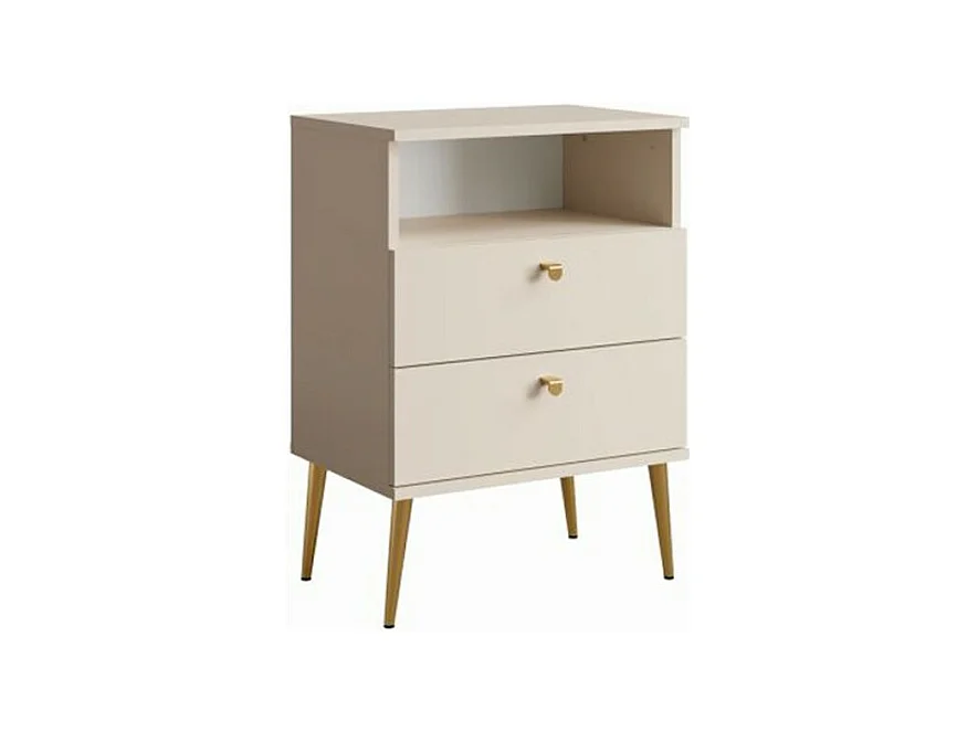 Nachttisch mit 2 Schubladen und Ablagefach - beige und goldene Metallbeine - Kollektion Aurora