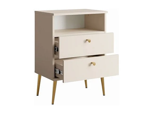 Table de Chevet 2 Tiroirs avec Niche - beige et pieds en métal doré - Collection Aurora