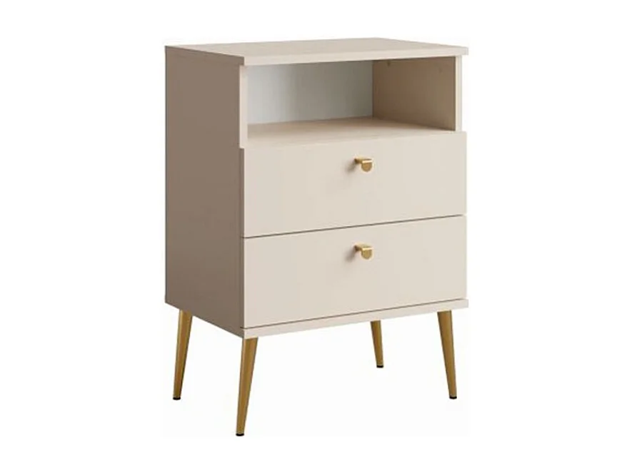 Table de Chevet 2 Tiroirs avec Niche - beige et pieds en métal doré - Collection Aurora