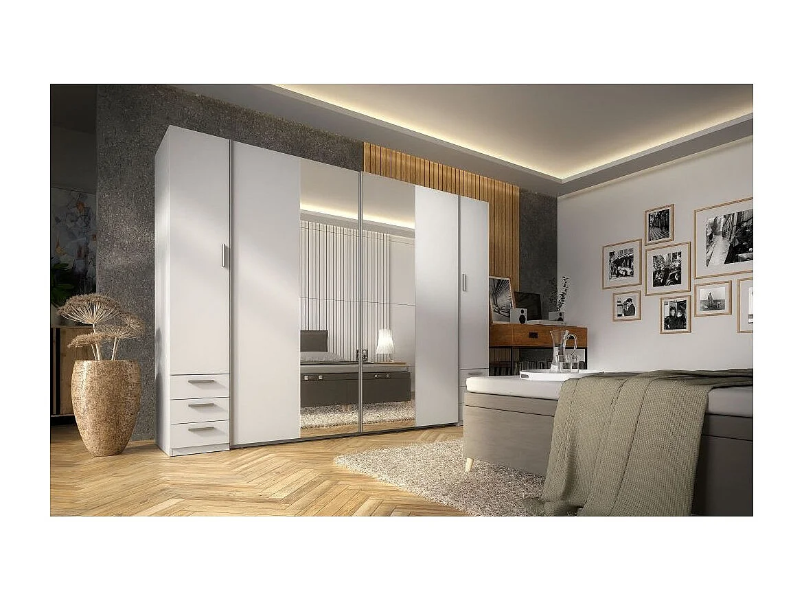 Armoire 4 portes avec miroir et 6 tiroirs – STAR – Blanc – L264 cm