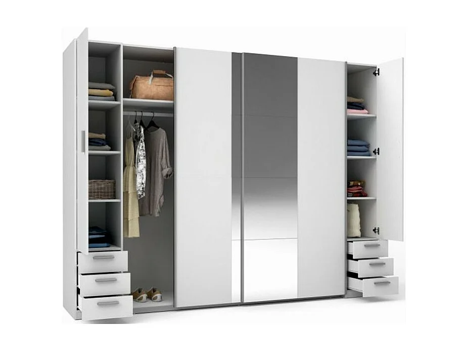 Armoire 4 portes avec miroir et 6 tiroirs – STAR – Blanc – L264 cm
