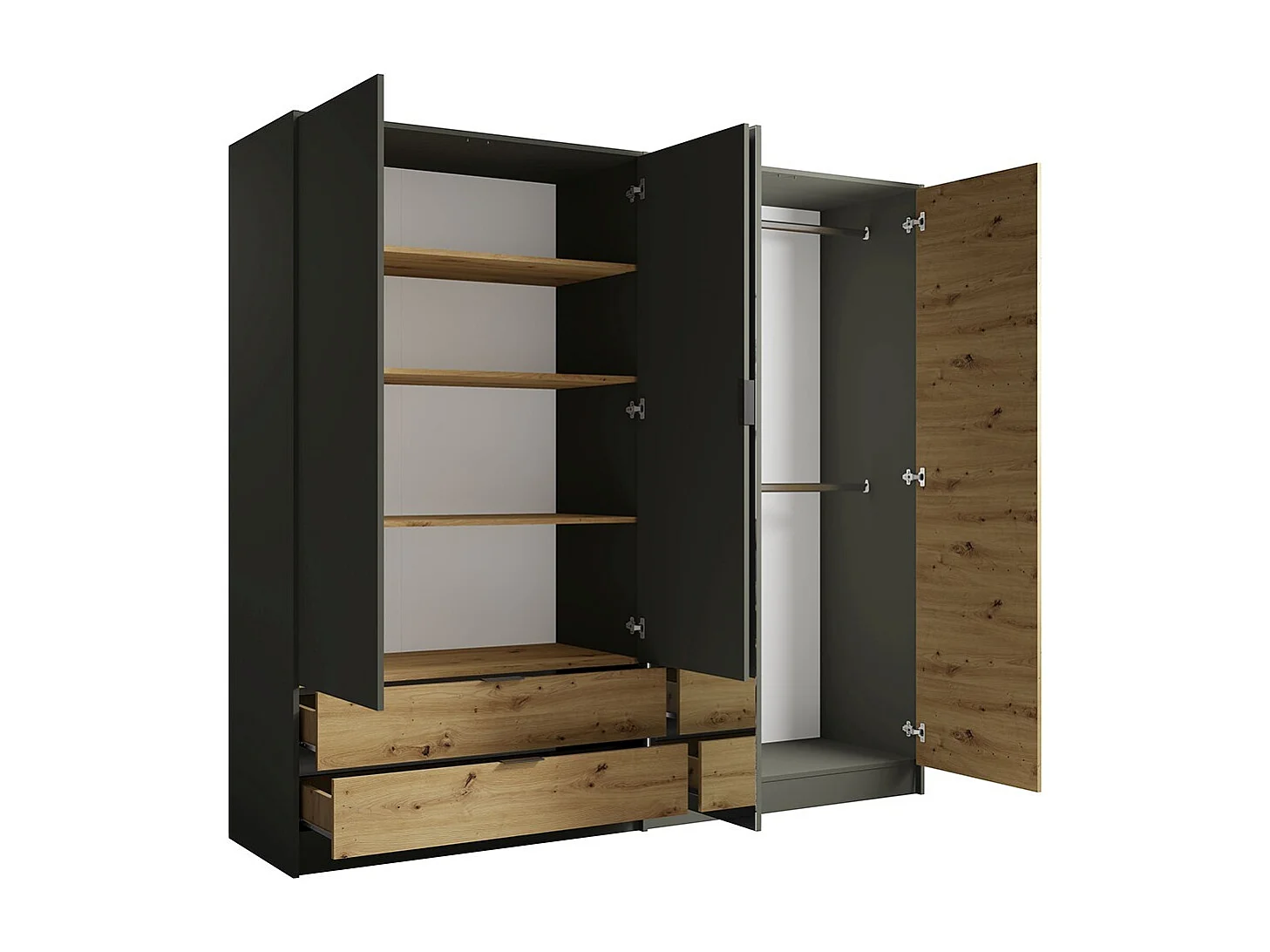 Juego completo de dormitorio IZO: Armario, cama 160x200, cómoda, mesitas de noche, roble/gris antracita