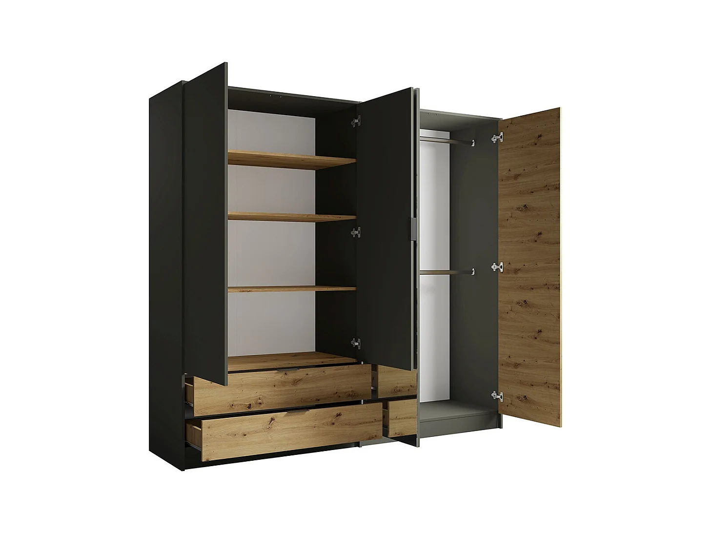 Complete design slaapkamer IZO: Kledingkast, bed 160x200, dressoir, nachtkastjes, eiken/antraciet grijs