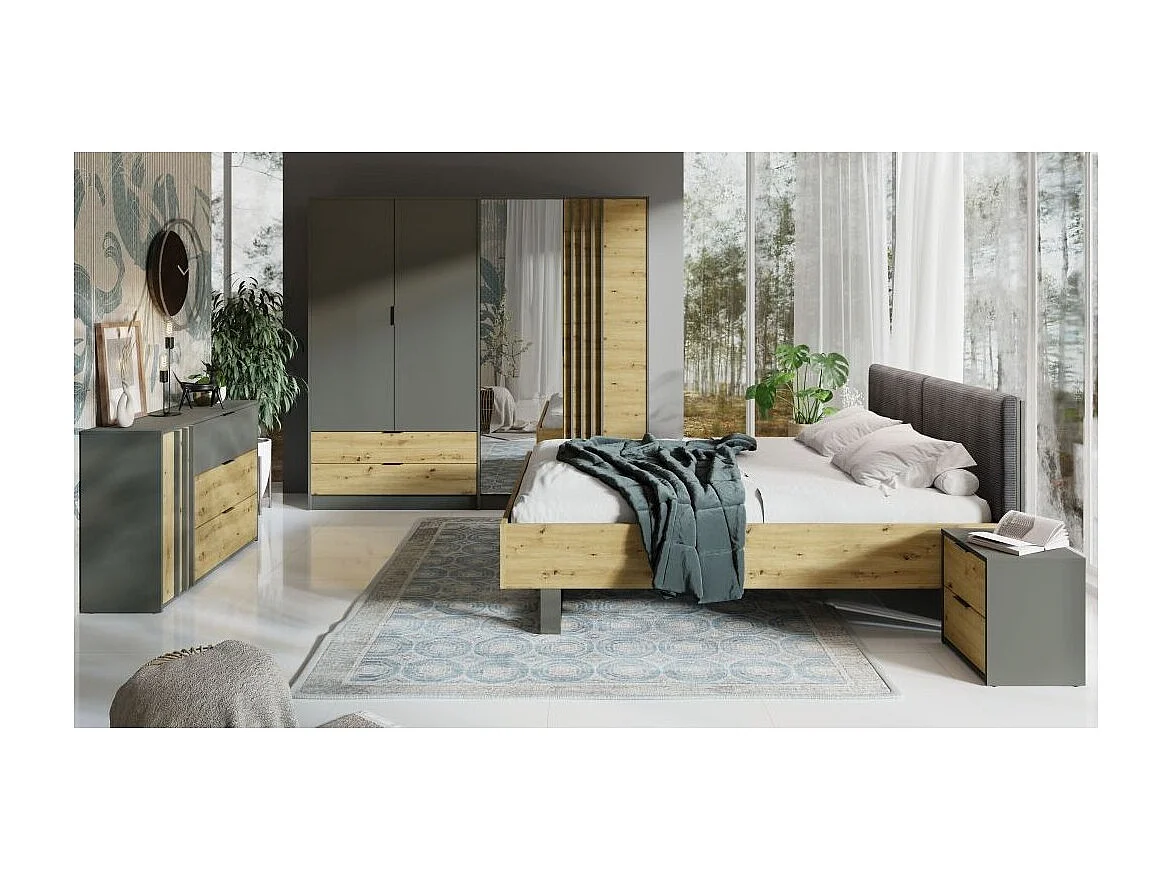 Juego de dormitorio completo diseño IZO: Armario, cama 180x200, cómoda, mesitas de noche, roble/gris antracita