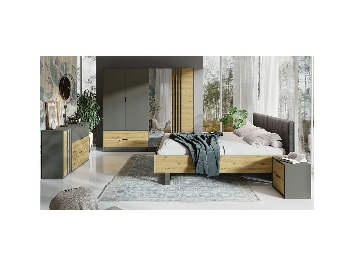 Chambre compléte design IZO : Armoire, lit 180x200, commode, chevets, chêne/gris anthracite