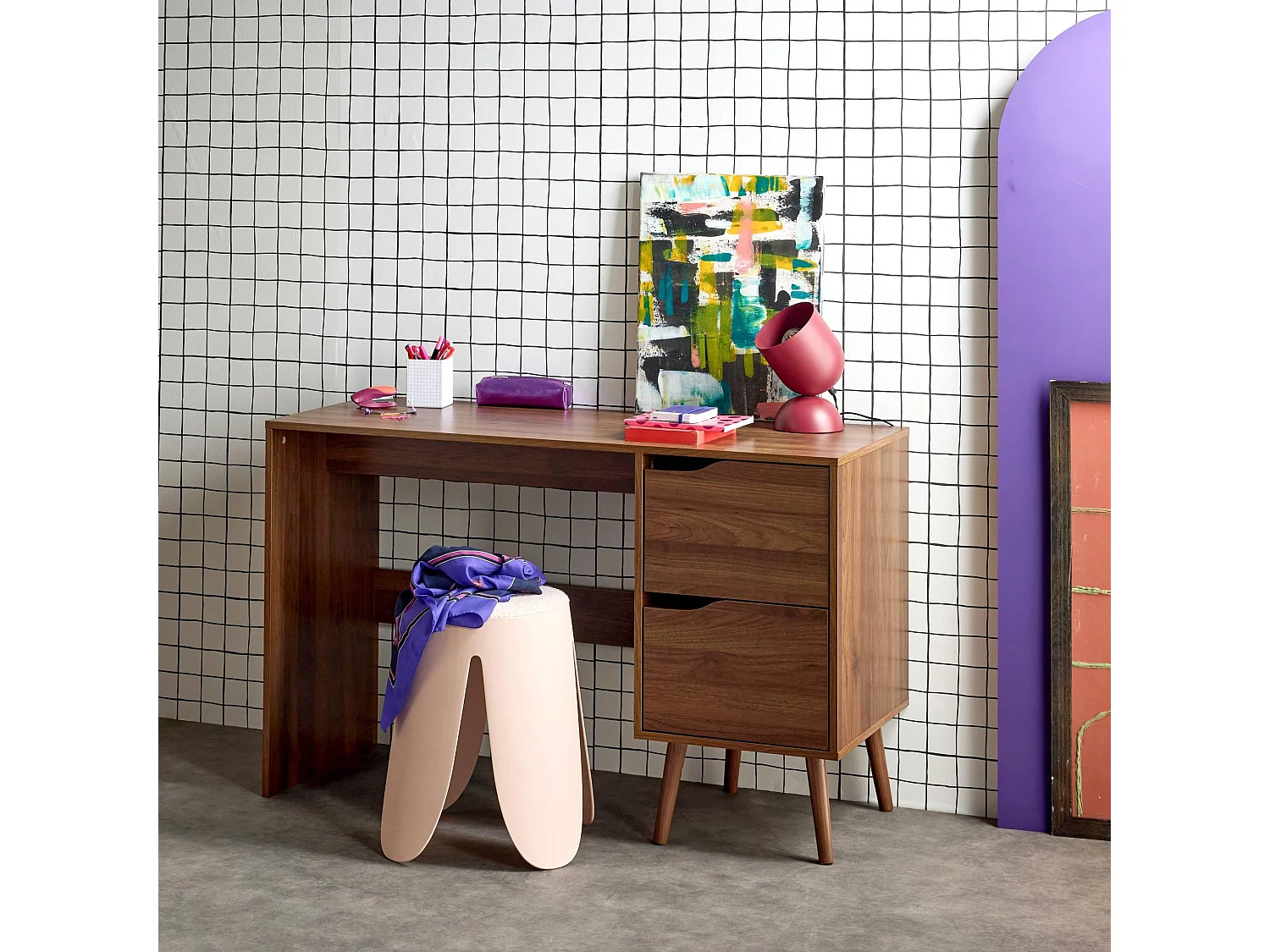 Scrivania effetto noce a 2 cassetti , effetto noce