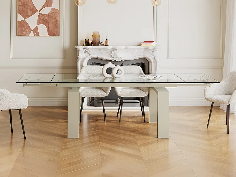 Mesa de comedor extensible - Cristal templado y metal biege - Transparente - 8 a 10 cubiertos - LUBANA
