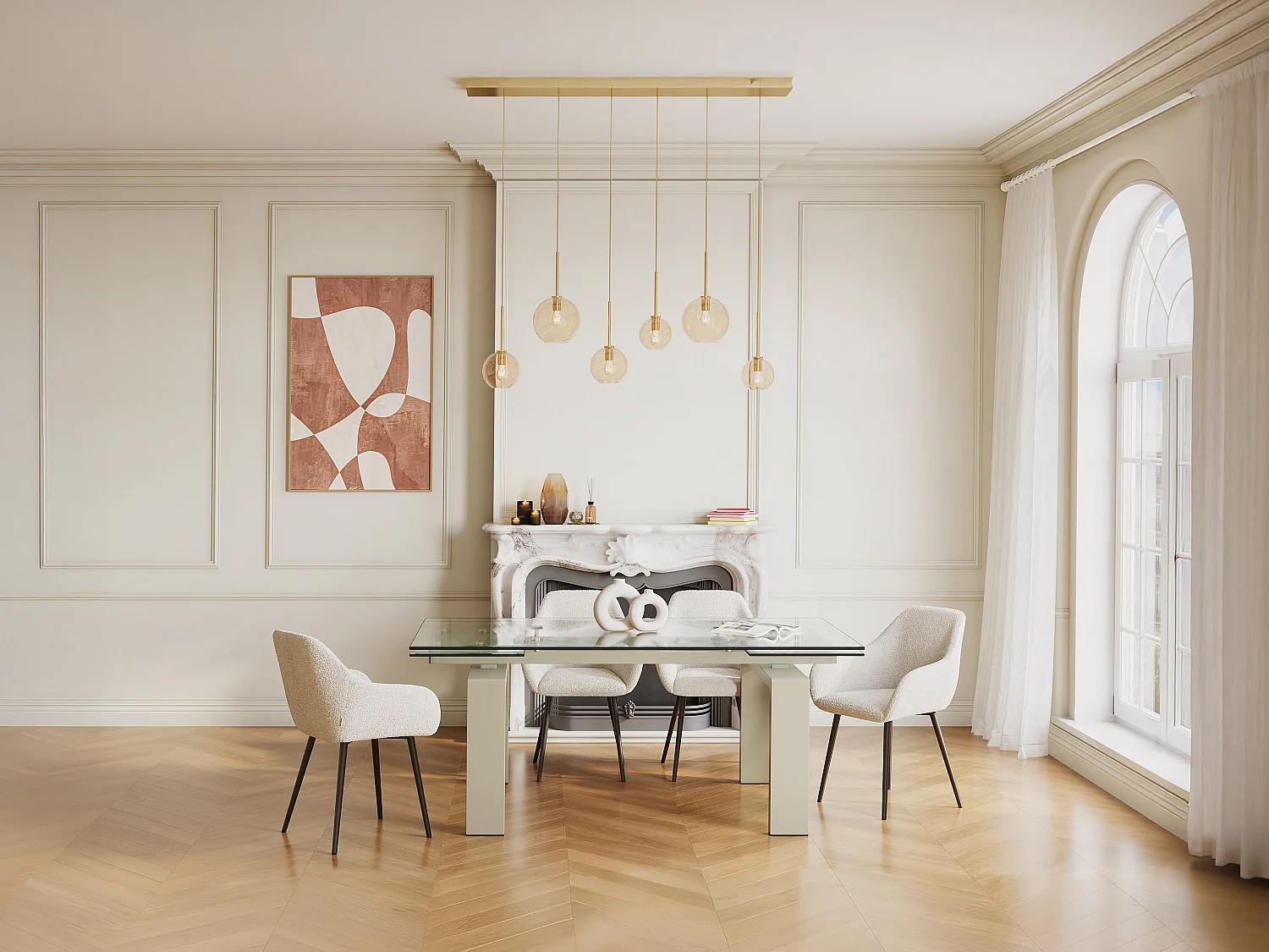 Förlängningsbart matbord för 8 till 10 personer i härdat glas och beige metall - Transparent - LUBANA