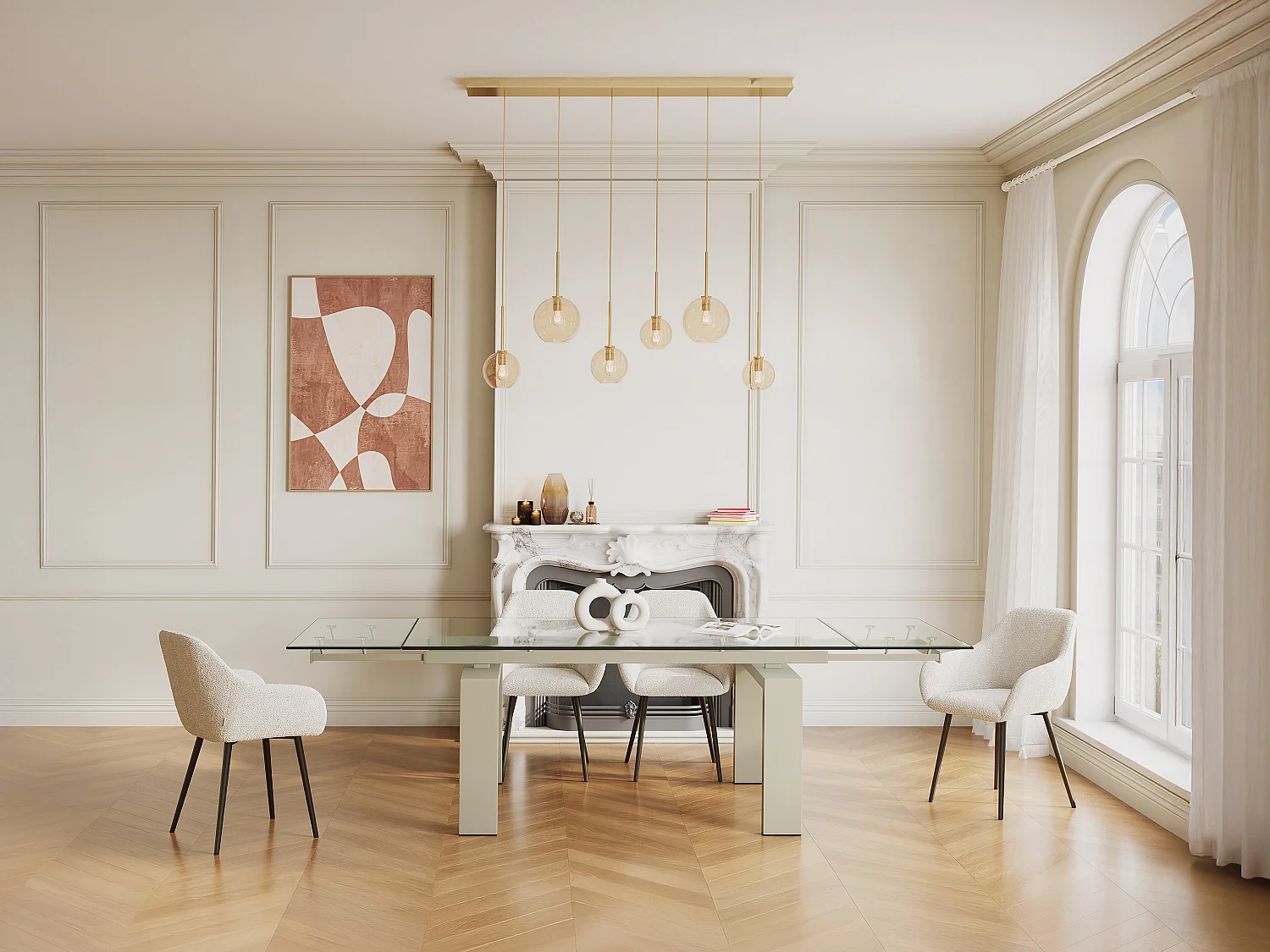 Förlängningsbart matbord för 8 till 10 personer i härdat glas och beige metall - Transparent - LUBANA