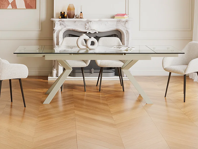 Table à manger extensible 6 à 8 personnes en verre trempé et métal beige - Transparent - VELIKA
