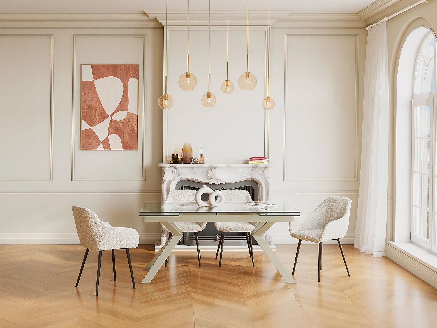 Table à manger extensible 6 à 8 personnes en verre trempé et métal beige - Transparent - VELIKA