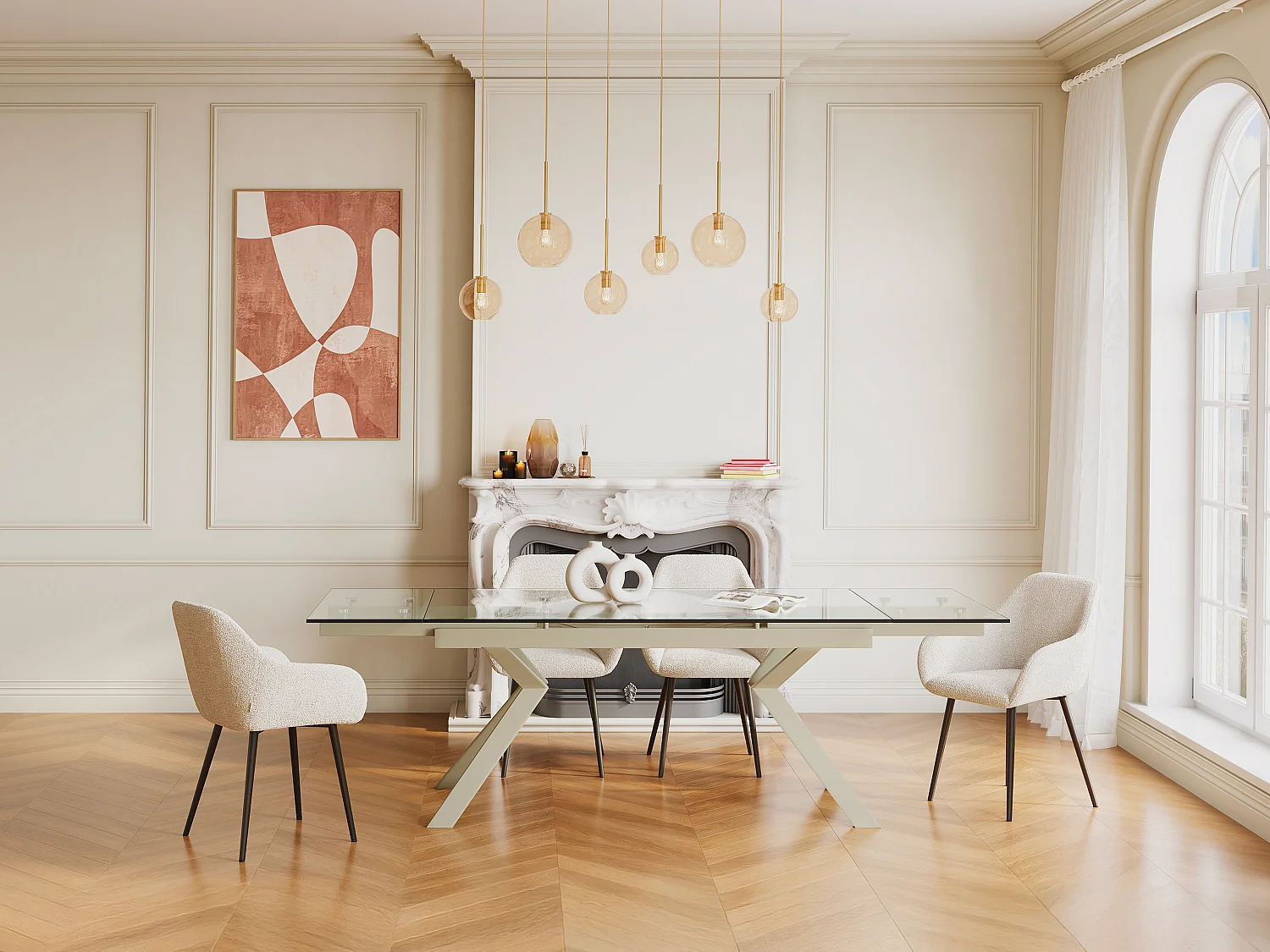 Table à manger extensible 6 à 8 personnes en verre trempé et métal beige - Transparent - VELIKA