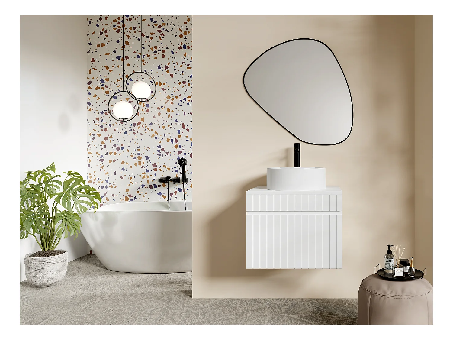 Meuble sous vasque suspendu strié blanc avec planche - 60 cm - SATARA