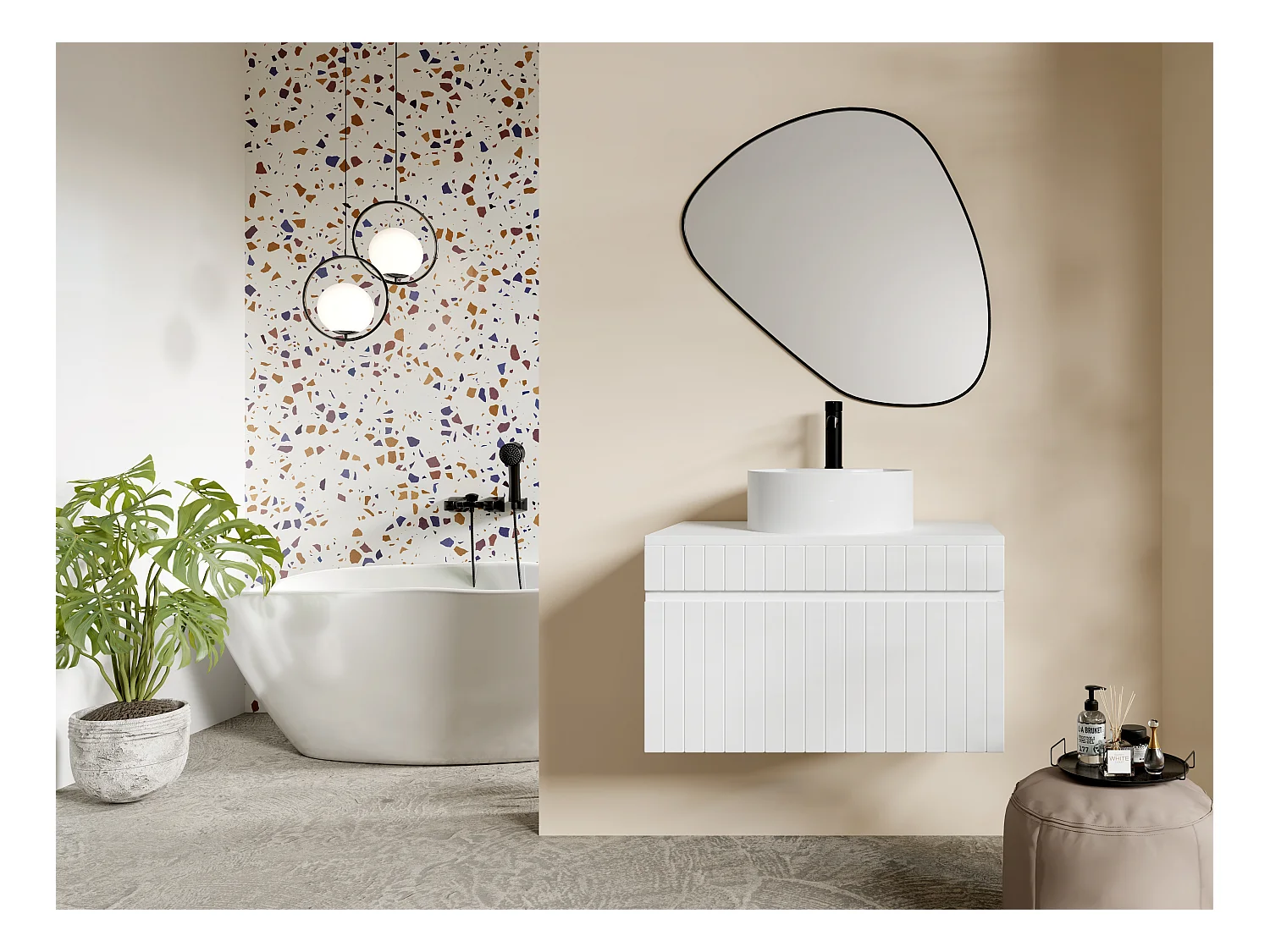 Meuble sous vasque suspendu strié blanc avec planche - 80 cm - SATARA