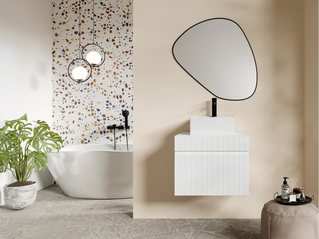 vente unique Meuble de salle de bain suspendu strié blanc avec vasque carrée à poser - 60 cm - SATARA