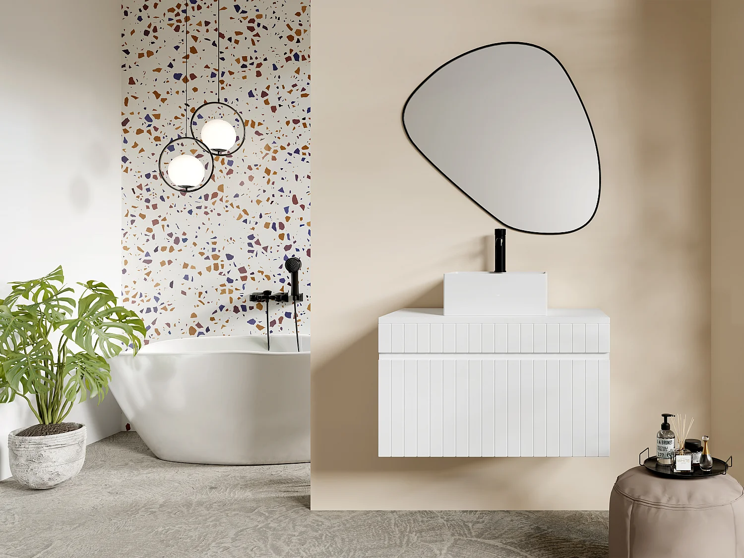 Meuble de salle de bain suspendu strié blanc avec vasque carrée à poser - 80 cm - SATARA