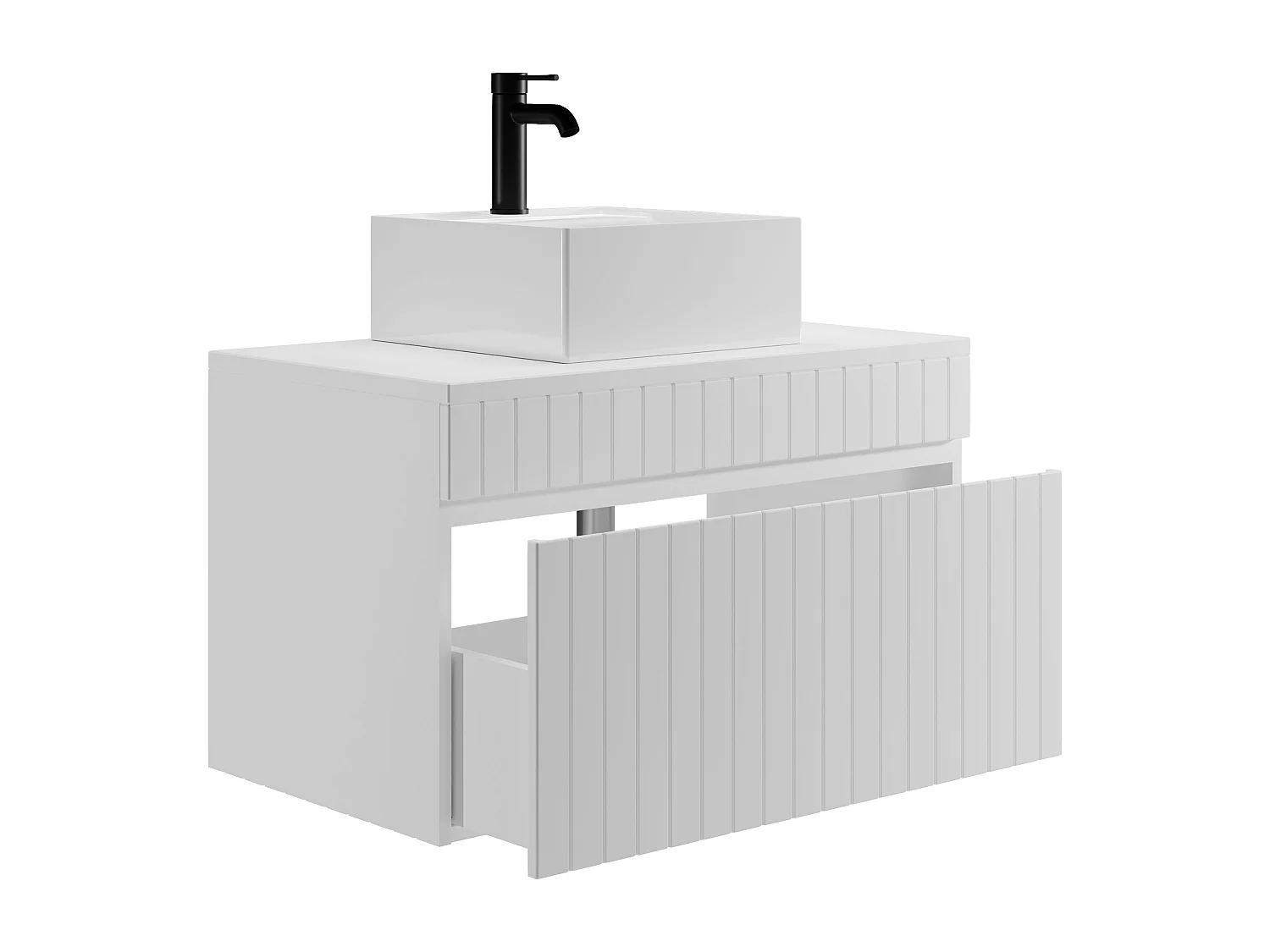 Waschbeckenunterschrank hängend mit quadratischem Aufsatzwaschbecken - Streifenoptik - Weiß - 80 cm - SATARA