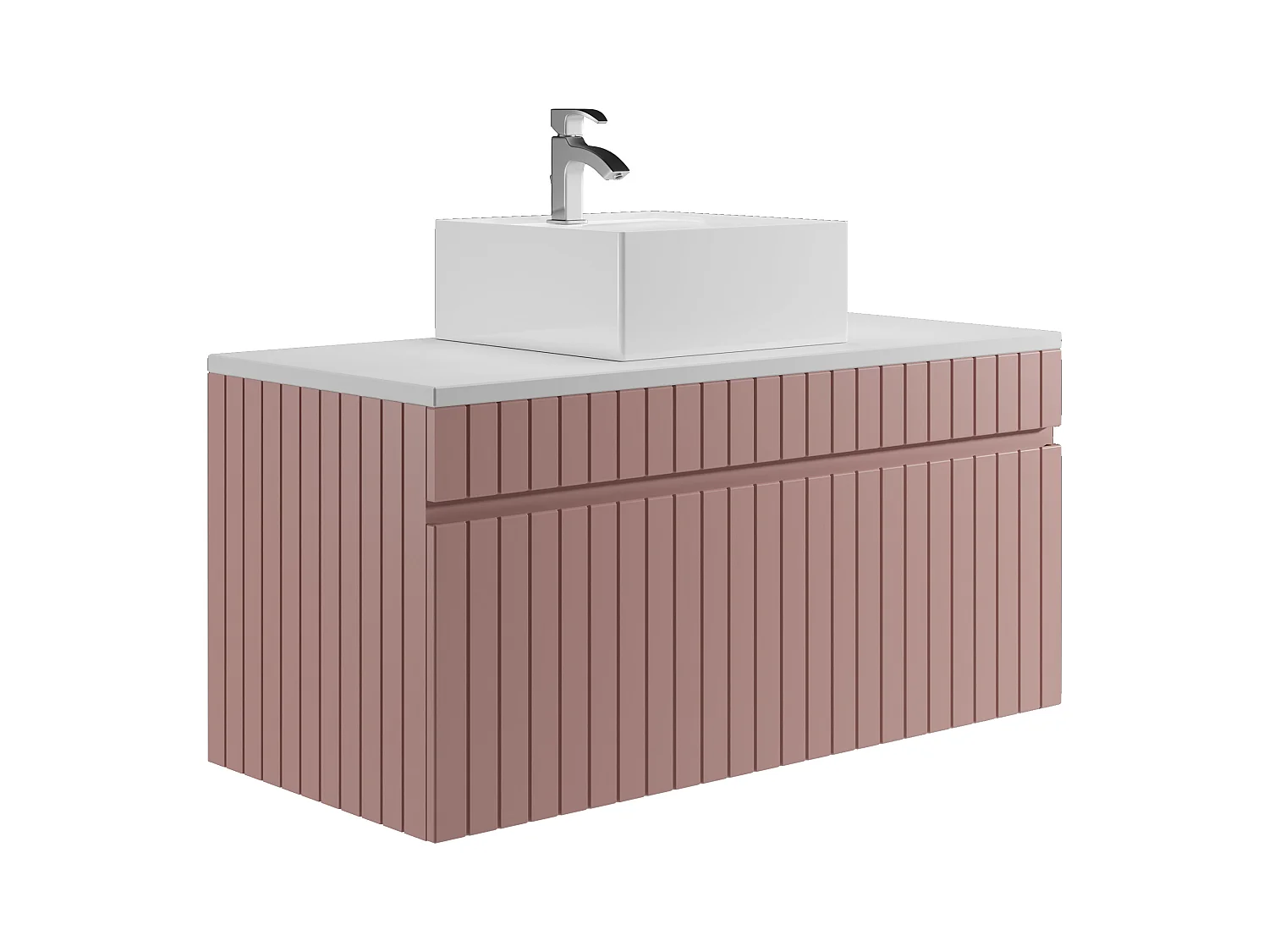 Meuble de salle de bain suspendu strié rose avec vasque à poser - 100 cm - SATARA