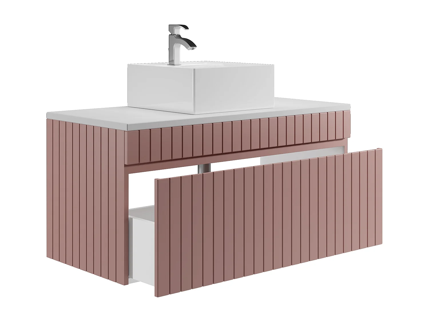 Meuble de salle de bain suspendu strié rose avec vasque à poser - 100 cm - SATARA