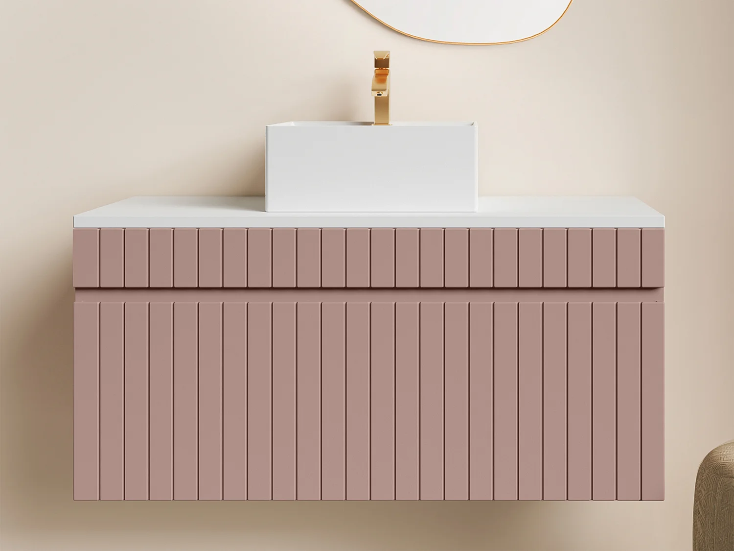 Meuble de salle de bain suspendu strié rose avec vasque à poser - 100 cm - SATARA