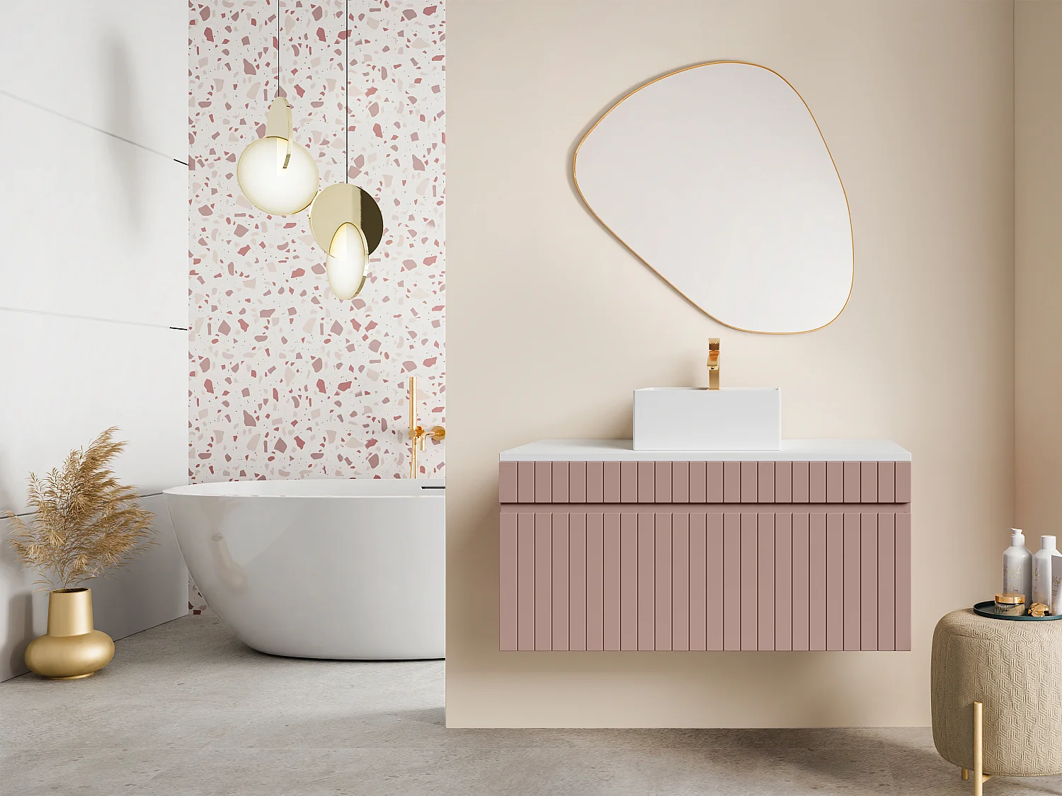 Waschbeckenunterschrank hängend mit Aufsatzwaschbecken - Streifenoptik - Rosa - 100 cm - SATARA