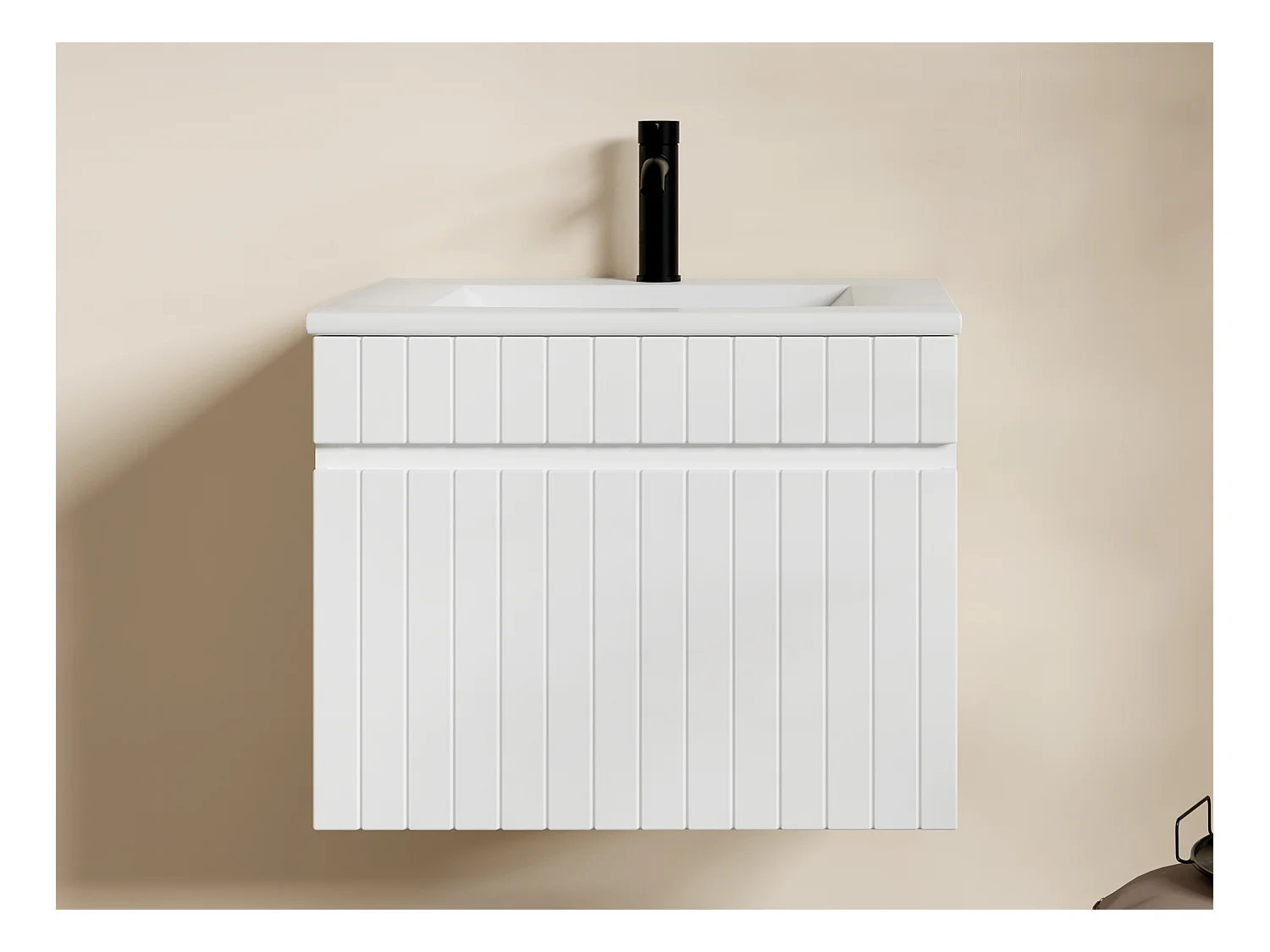 Meuble de salle de bain suspendu strié blanc avec vasque à encastrer - 60 cm - SATARA