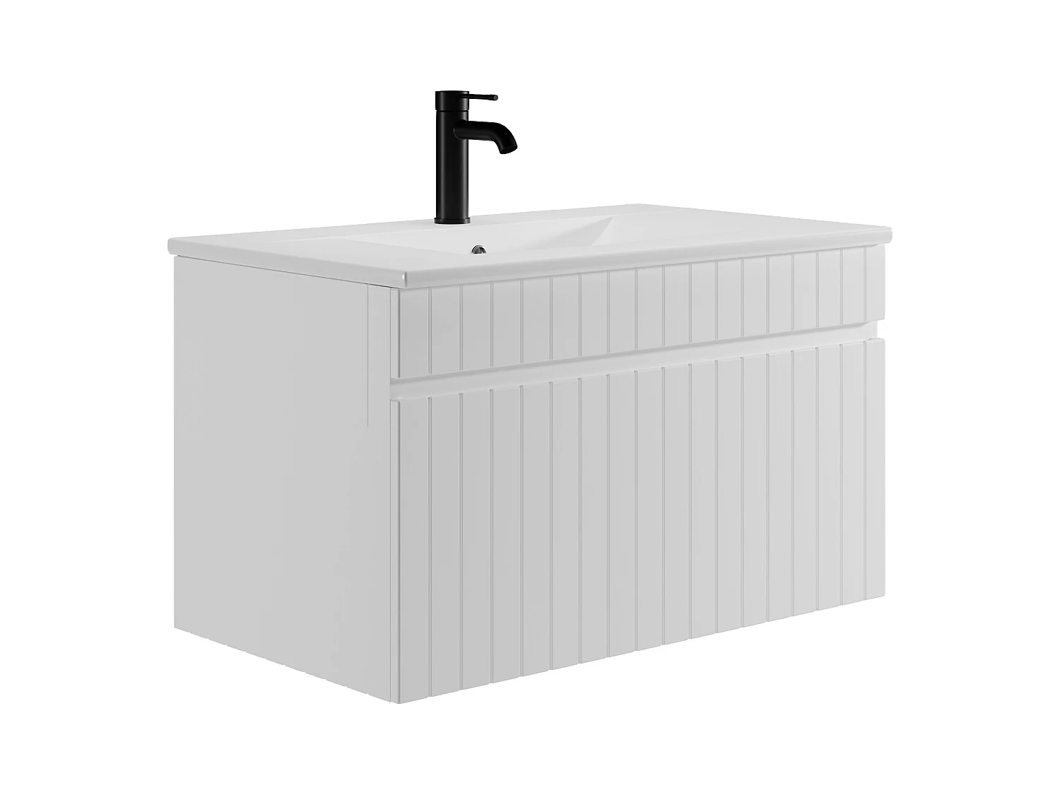 Hvidt stribet vægophængt badeværelsesmøbel med vaskeskab med integreret håndvask - 80 cm - SATARA