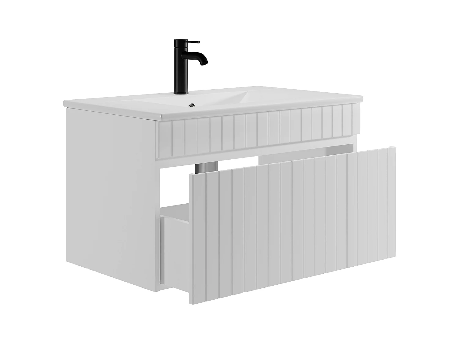 Hvidt stribet vægophængt badeværelsesmøbel med vaskeskab med integreret håndvask - 80 cm - SATARA