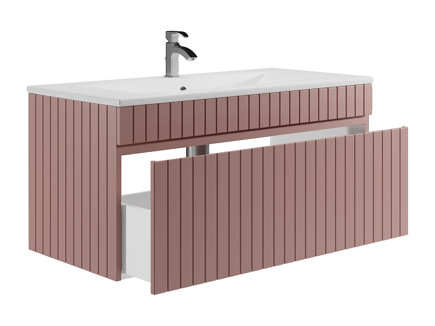 Meuble de salle de bain suspendu strié rose avec vasque à encastrer - 100 cm - SATARA