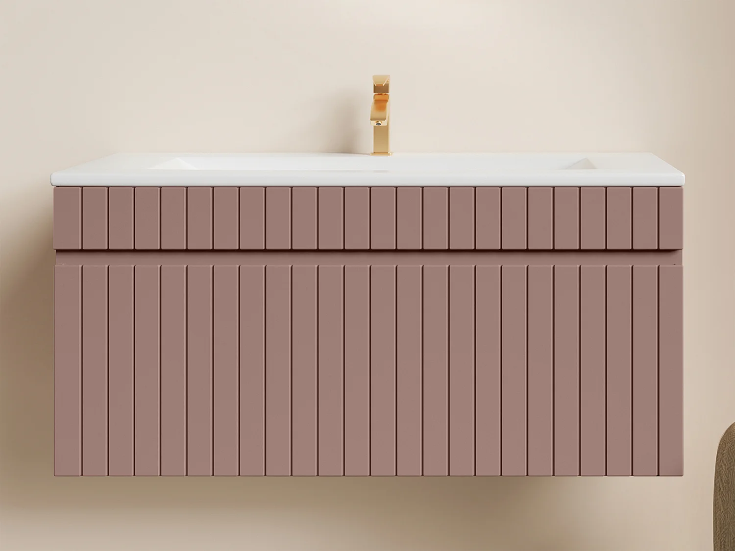 Meuble de salle de bain suspendu strié rose avec vasque à encastrer - 100 cm - SATARA