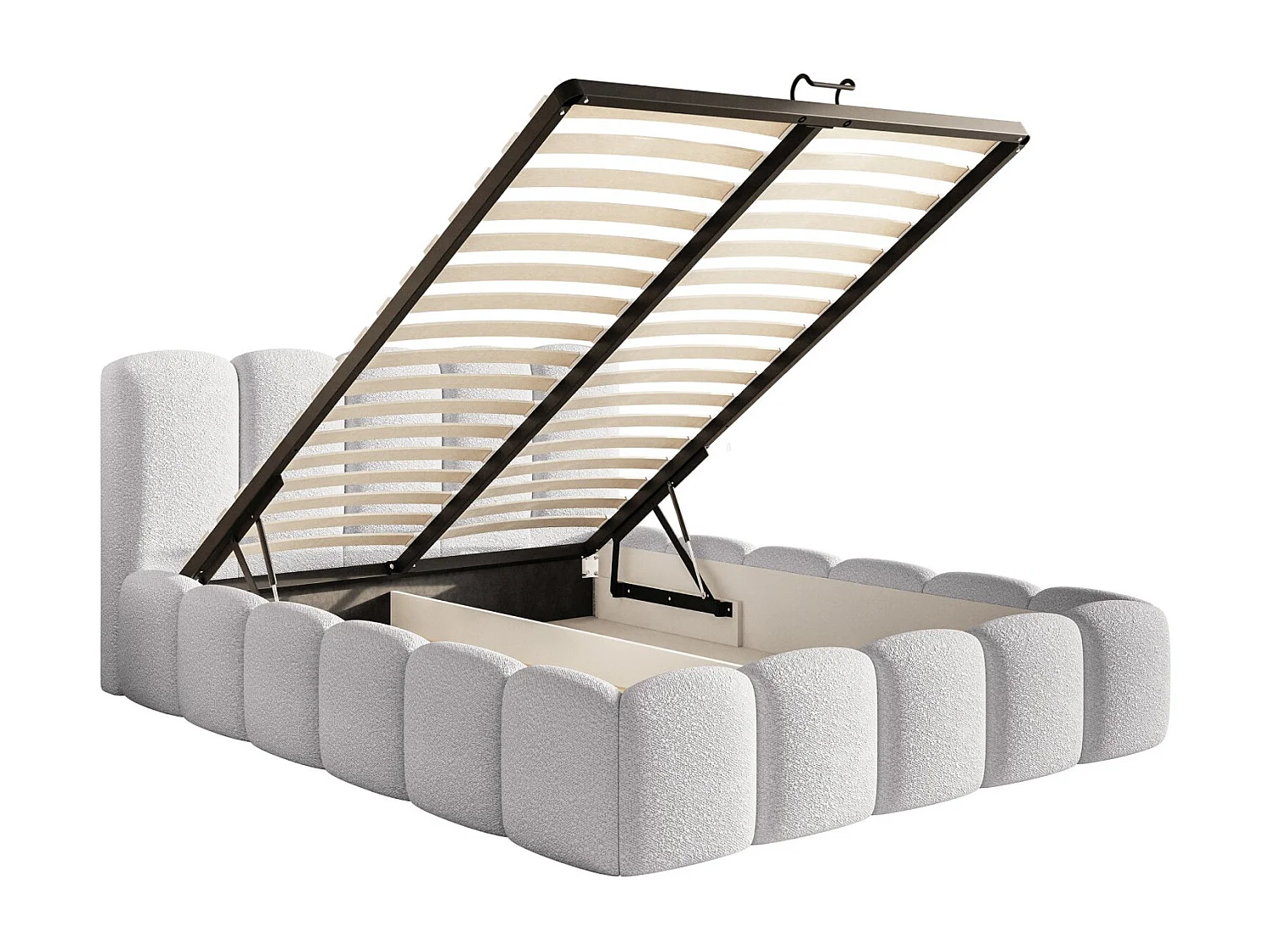 Lit coffre avec tête de lit - 160x200 cm - en bouclette gris clair - CLOUDY II