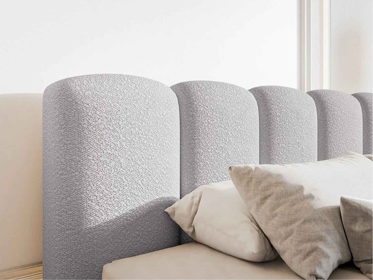 Lit coffre avec tête de lit - 160x200 cm - en bouclette gris clair - CLOUDY II