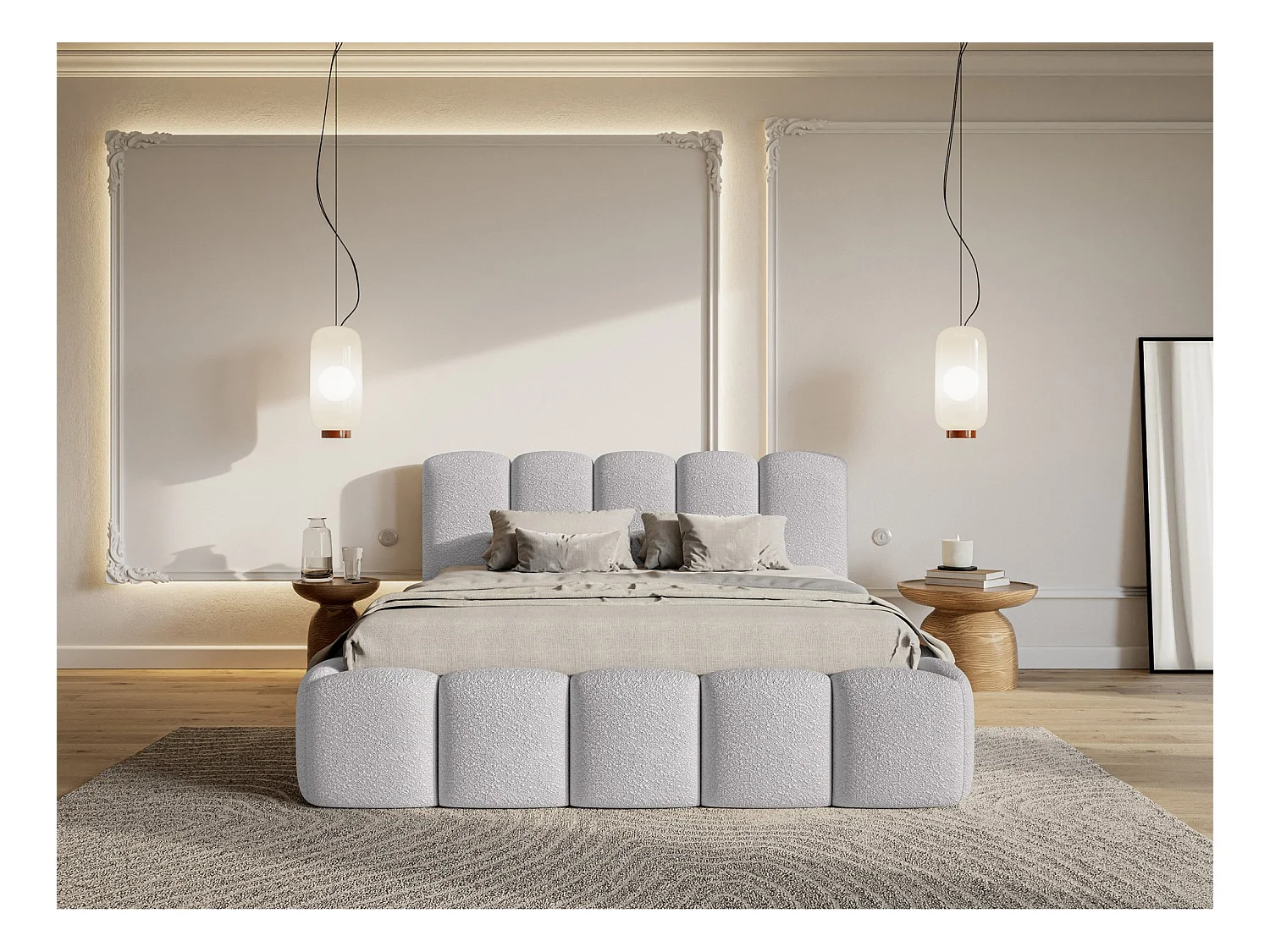 Lit coffre avec tête de lit - 160x200 cm - en bouclette gris clair - CLOUDY II