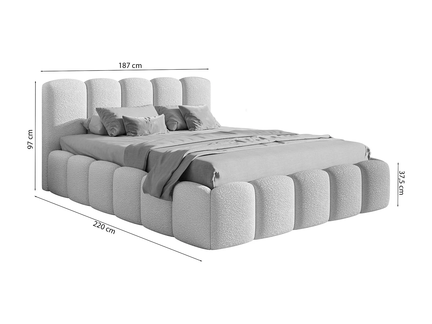 Opbergbed met hoofdeinde - 160x200 cm - in lichtgrijze badstof - CLOUDY II