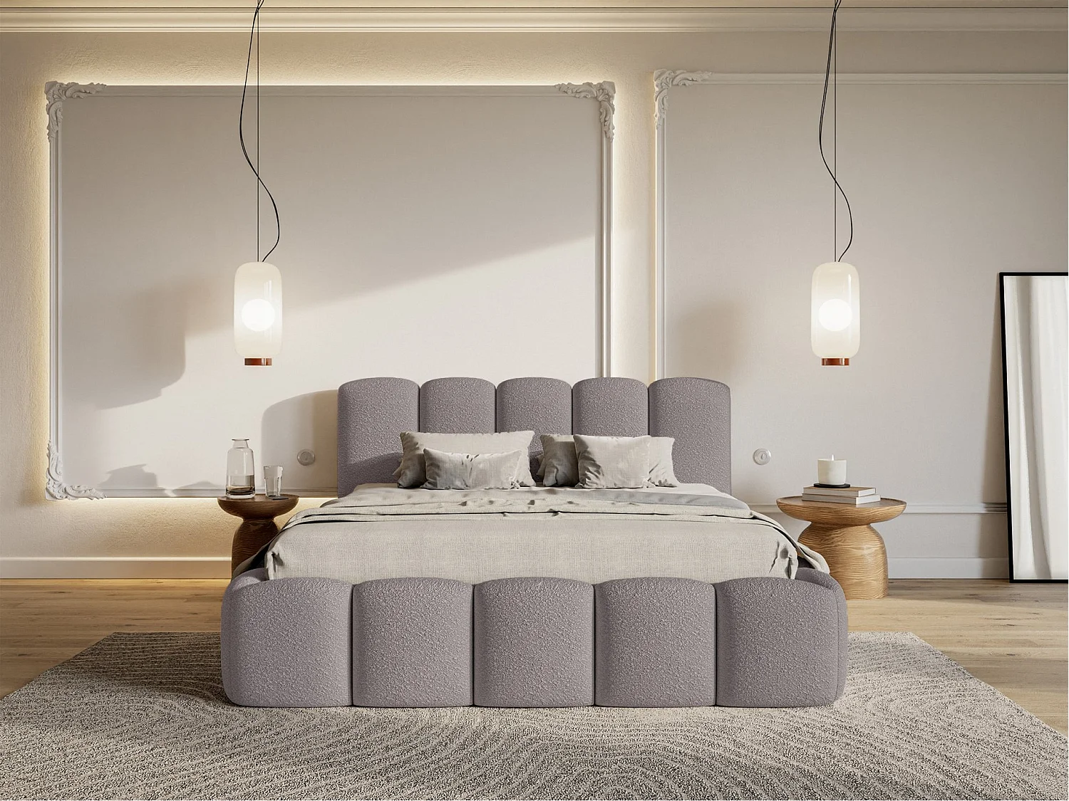 Lit coffre avec tête de lit - 180x200 cm - en bouclette taupe - CLOUDY II