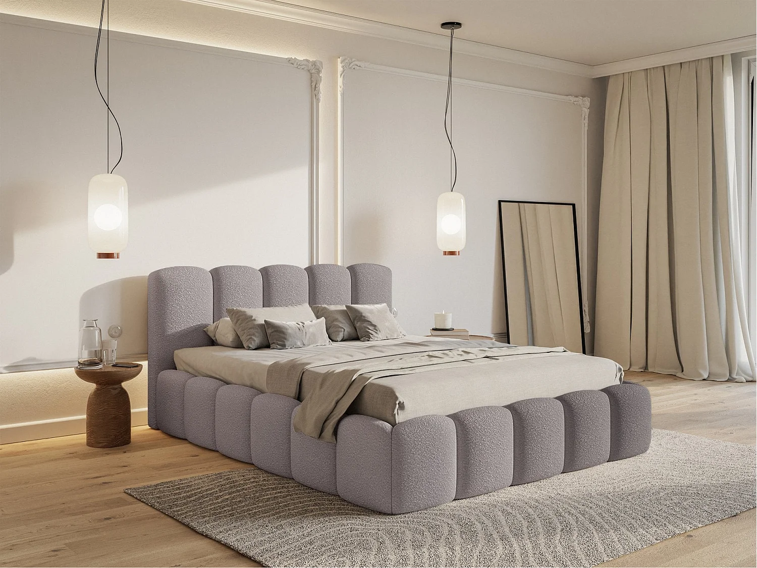 Lit coffre avec tête de lit - 180x200 cm - en bouclette taupe - CLOUDY II