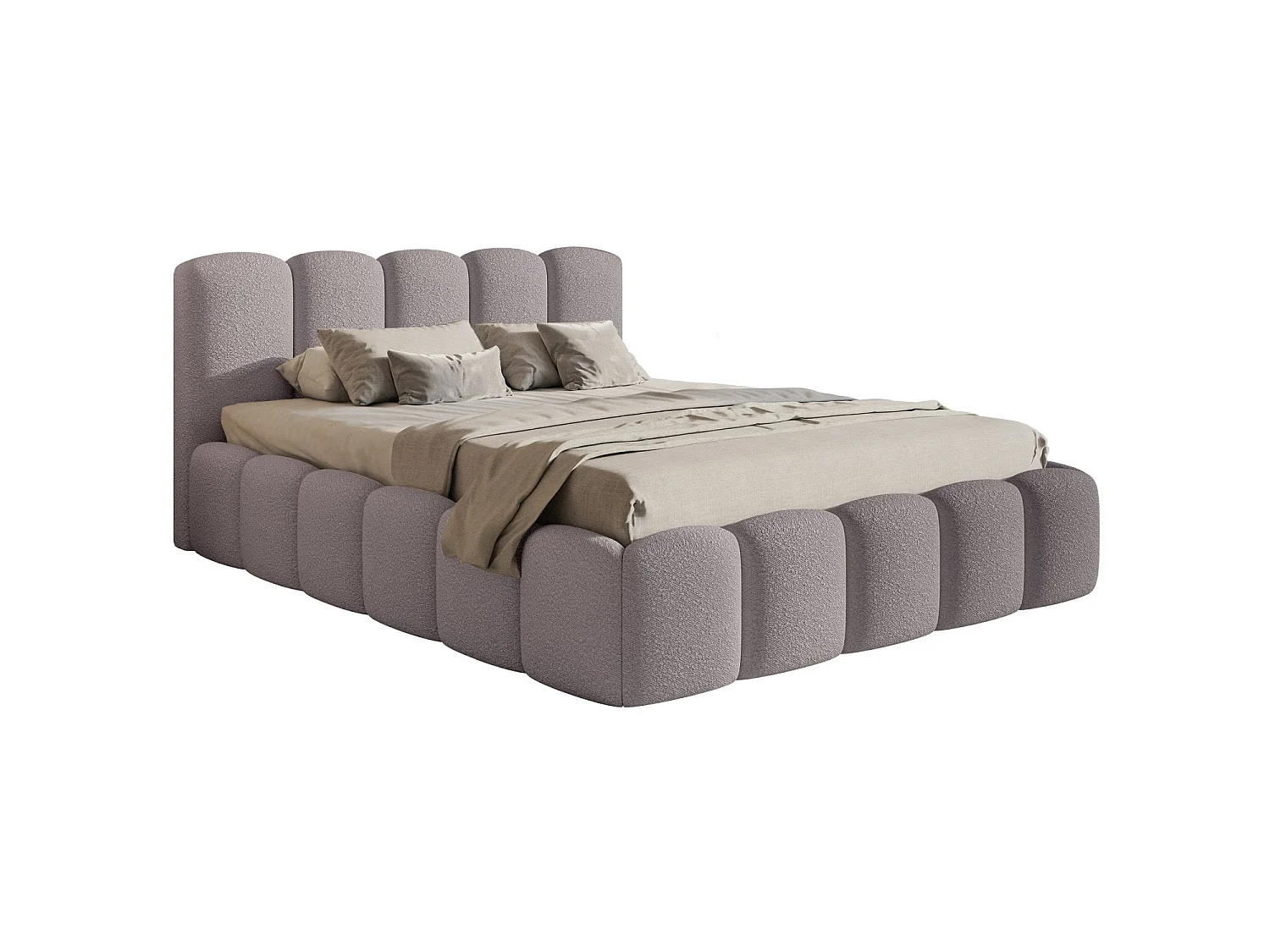 Lit coffre avec tête de lit - 180x200 cm - en bouclette taupe - CLOUDY II