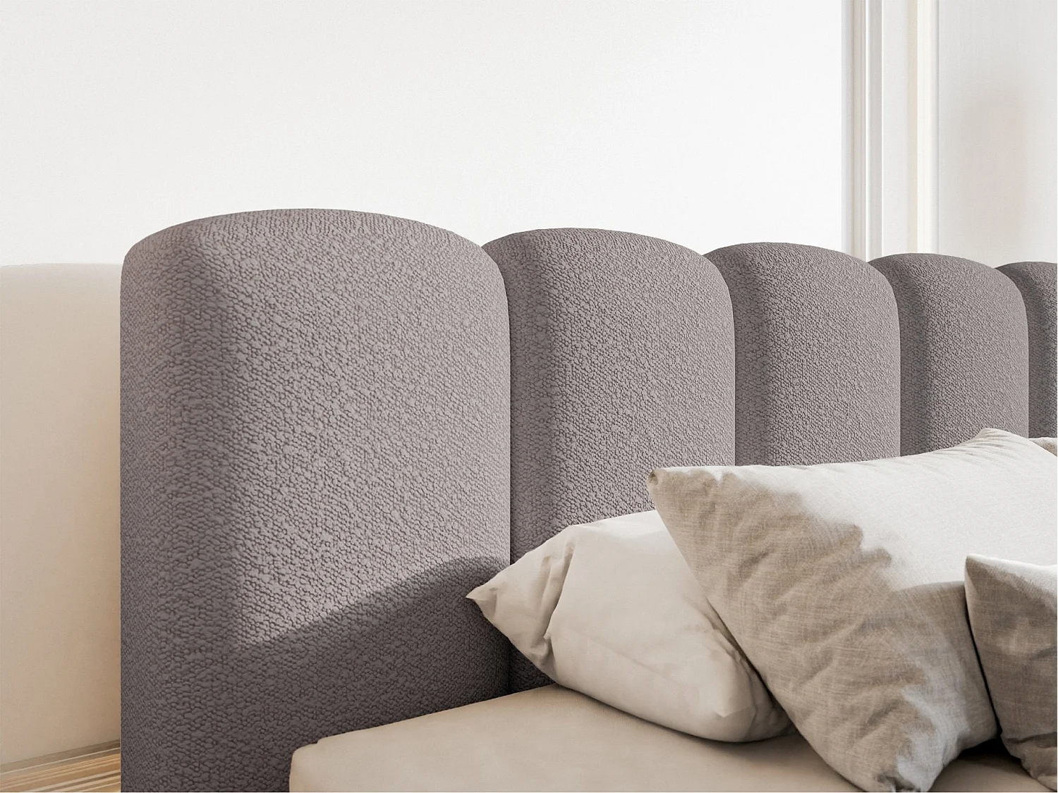 Lit coffre avec tête de lit - 180x200 cm - en bouclette taupe - CLOUDY II