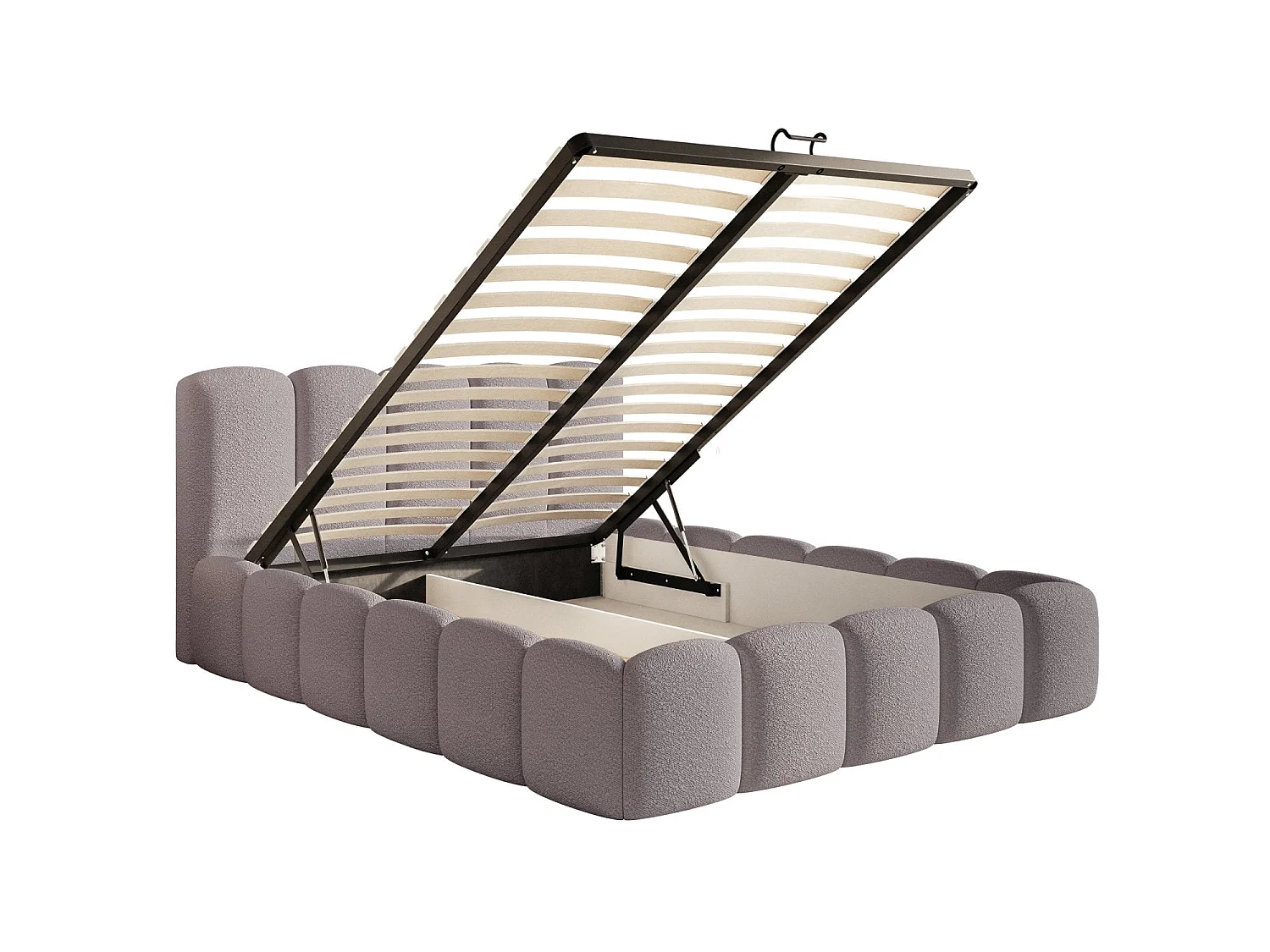 Lit coffre avec tête de lit - 180x200 cm - en bouclette taupe - CLOUDY II