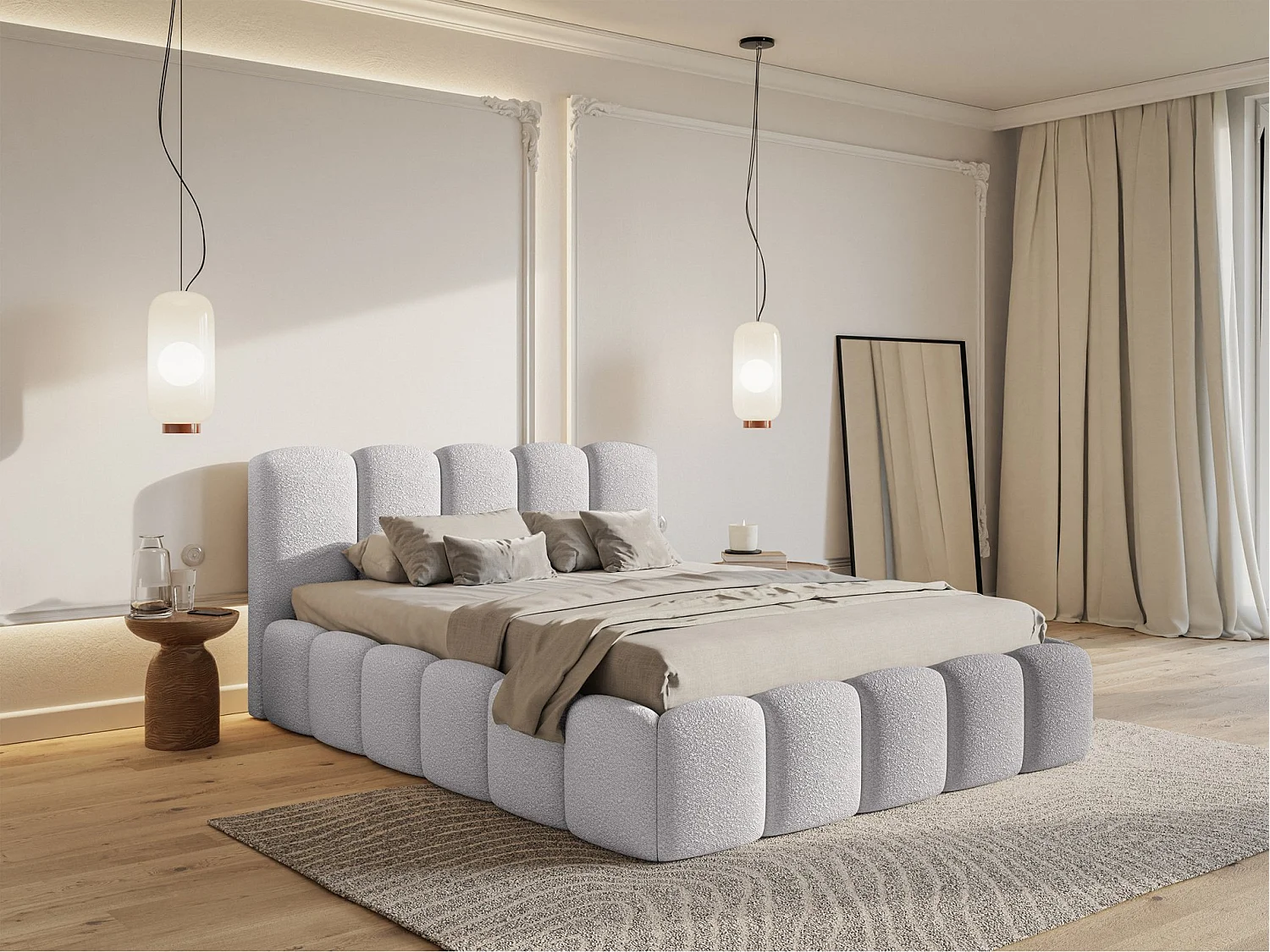 Lit coffre avec tête de lit - 180x200 cm - en bouclette gris clair - CLOUDY II