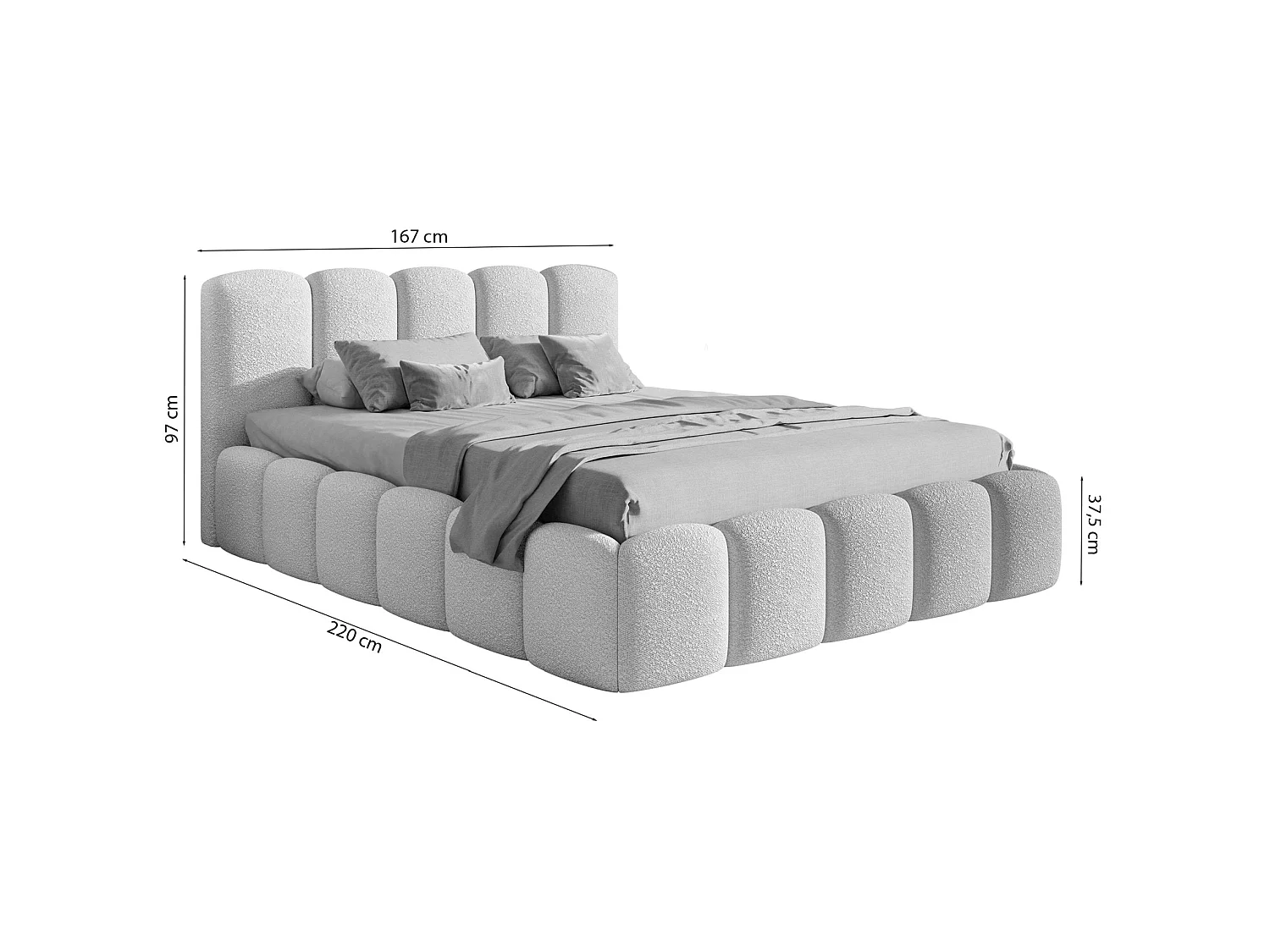 Lit coffre avec tête de lit - 140x200 cm - en bouclette grey - CLOUDY II
