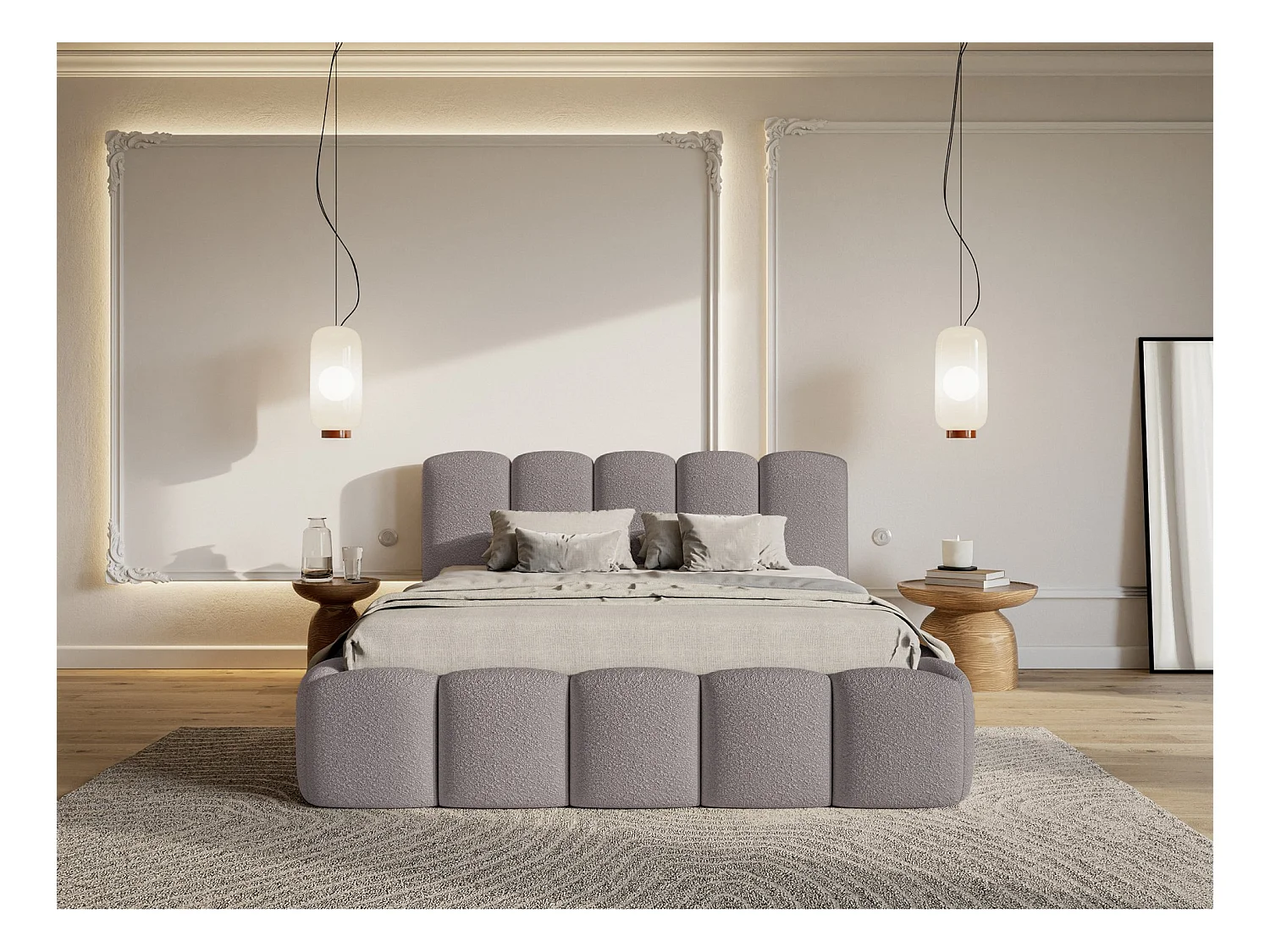 Lit coffre avec tête de lit - 160x200 cm - en bouclette taupe - CLOUDY II