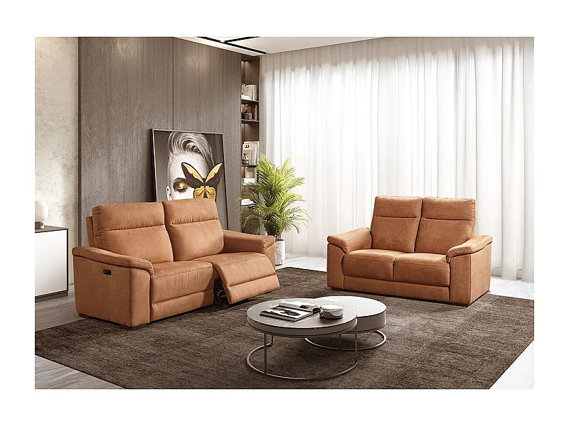 STANLEY - Canapé Relax Electrique 3 Places + Canapé 2 Places Fixe Tissu Cognac