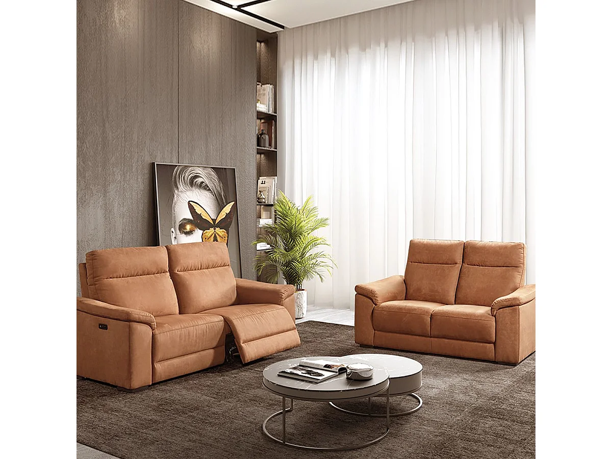 STANLEY - Canapé Relax Electrique 3 Places + Canapé 2 Places Fixe Tissu Cognac