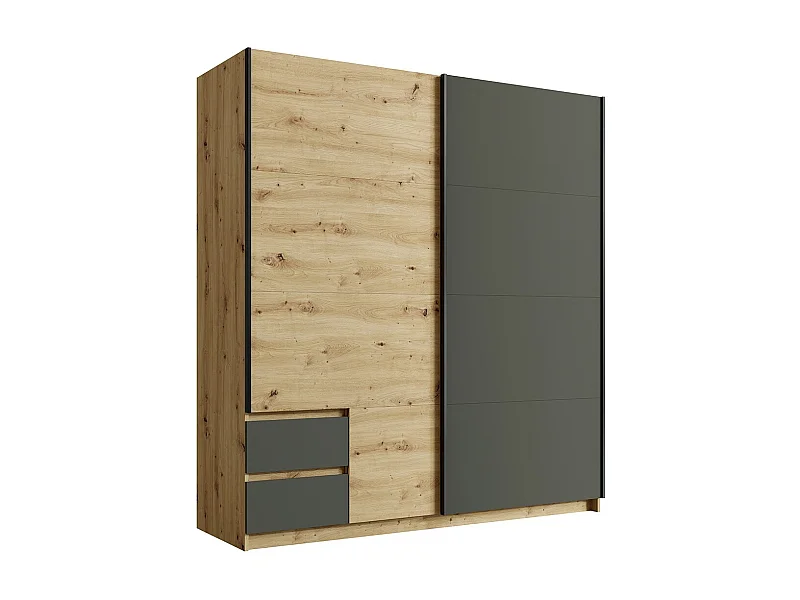 Armoire 180cm avec 2 portes coulissantes et 2 tiroirs coloris chêne et gris anthracite. Collection ARIELLE